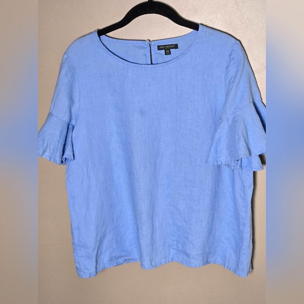 For Cynthia 100% Linen Ruffle Sleeve Coastal Chic Minimalist Tunic, Medium P